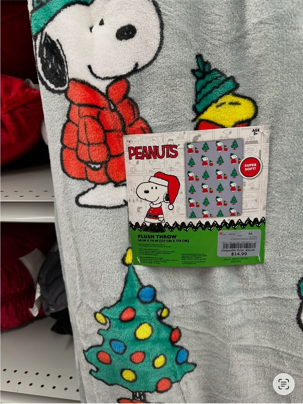 Peanuts Snoopy Kids Pajama Plush Throw Blanket - Light Gray with Red & Green